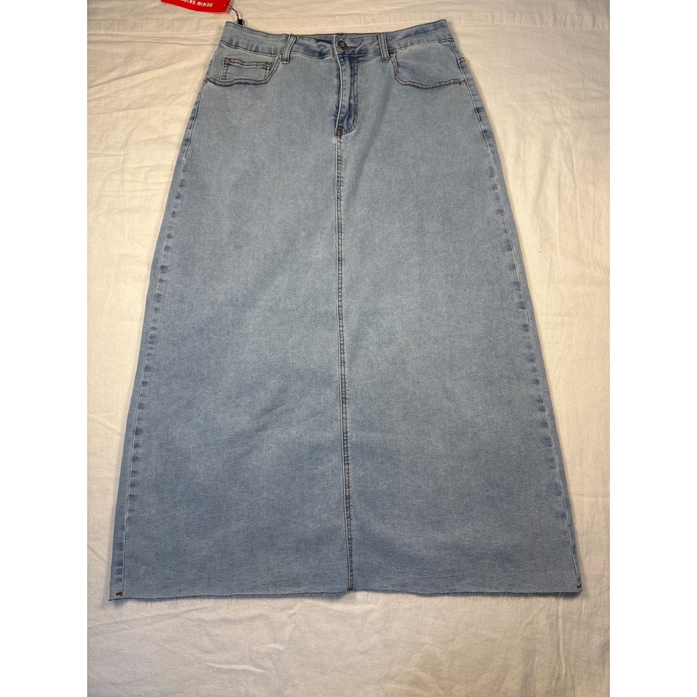 Unbranded Light Wash Denim Maxi Skirt Size 14 High Waisted Raw Hem Blue